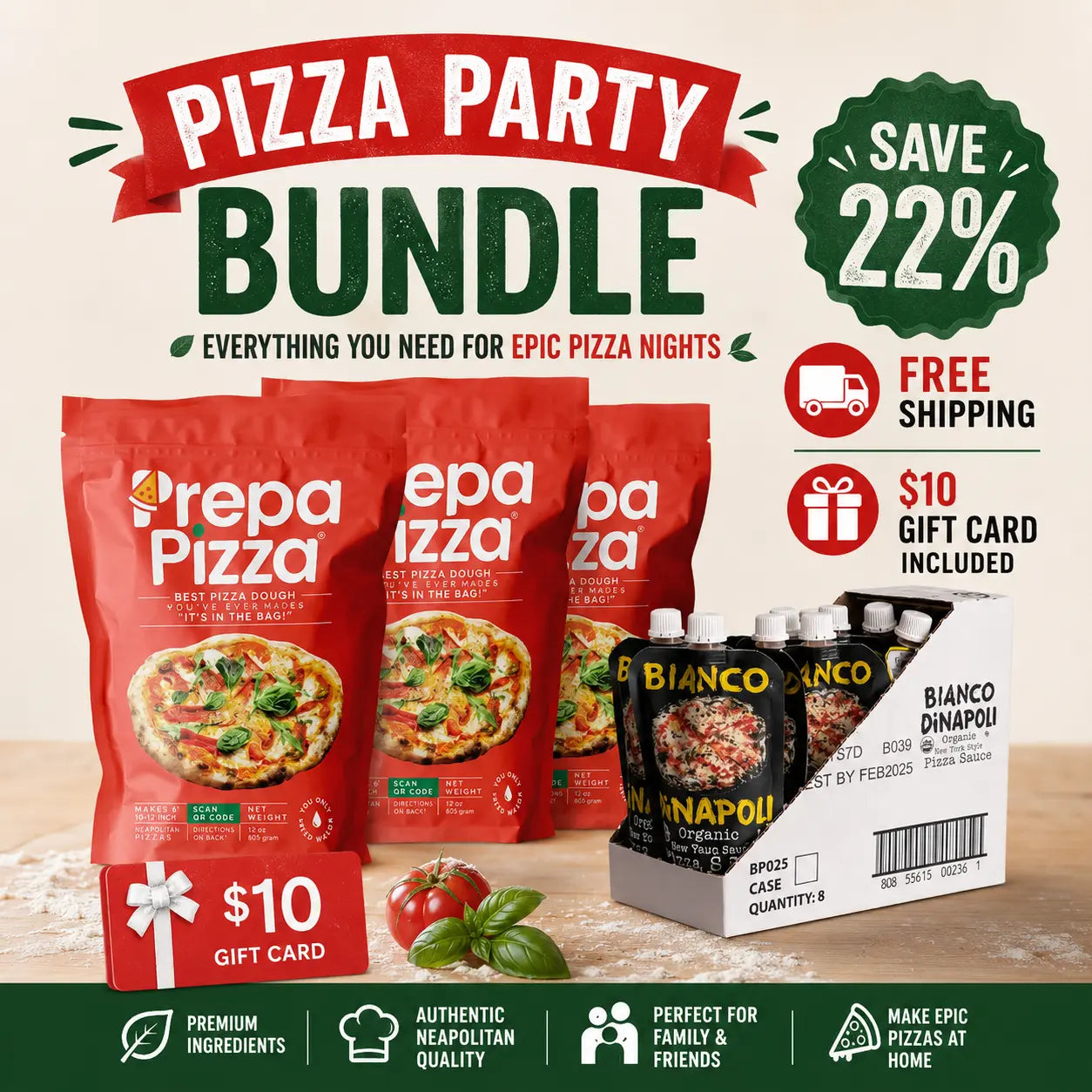 3 Prepa Pizza Dough Kit and 1 Case Bianco DiNapoli New York Style Pizza Sauce Prepa Pizza