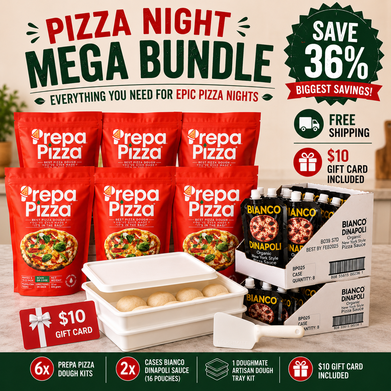 6 Prepa Pizza Dough Kits | 2 Cases Bianco DiNapoli Sauce | DoughMate Artisan Kit Prepa Pizza
