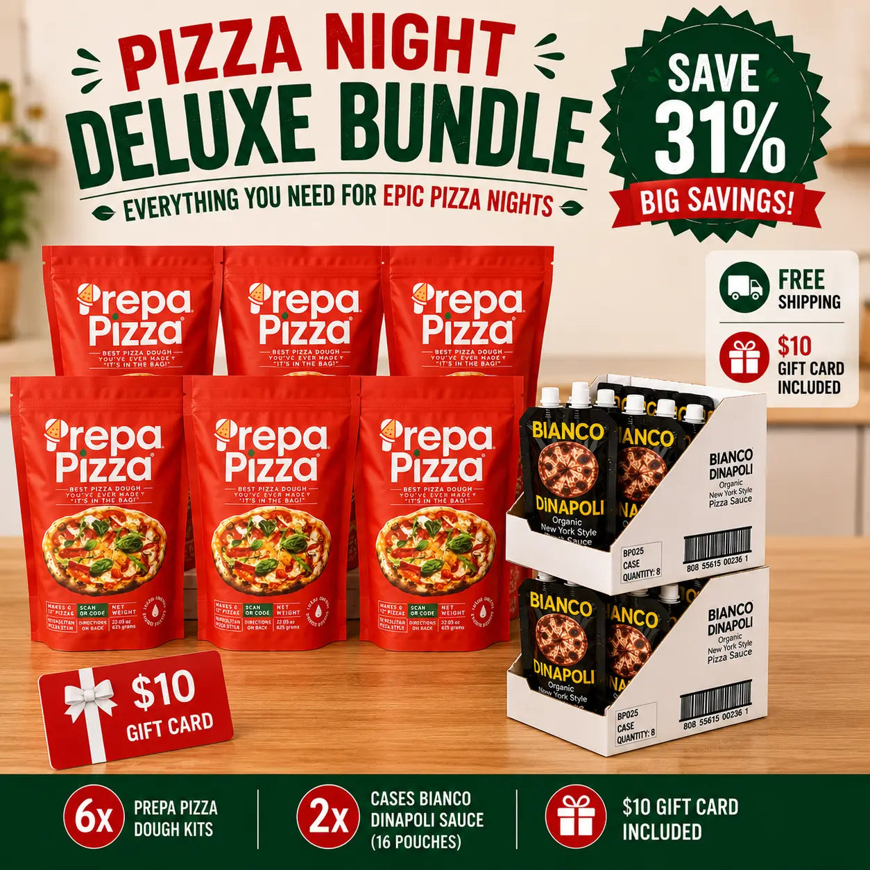 6 Prepa Pizza Dough Making Kits | 2 Cases Bianco DiNapoli Sauce Prepa Pizza