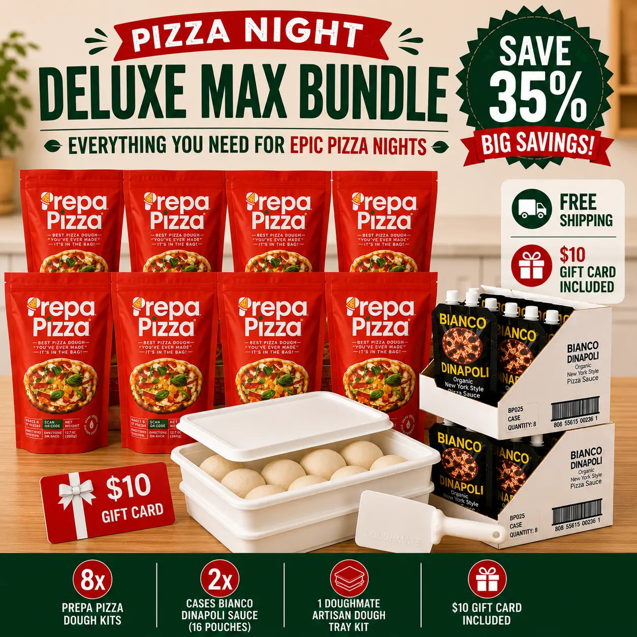 8 Prepa Pizza Dough Kits | 2 Cases Bianco DiNapoli Sauce | DoughMate Artisan Kit Prepa Pizza